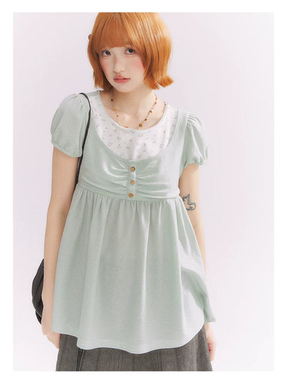 “Vintage Layered Charm” Mint Green Floral Layered Puff Sleeve T-Shirt