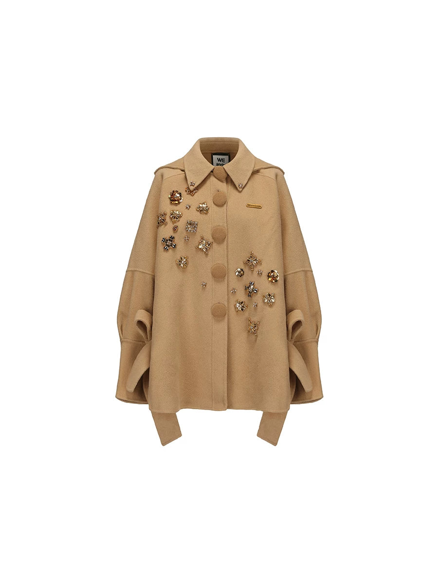 WEANCHEAM Wool Cape Coat | Cat-Ear Hood & Bow Details (Solid Camel/ Black Check)