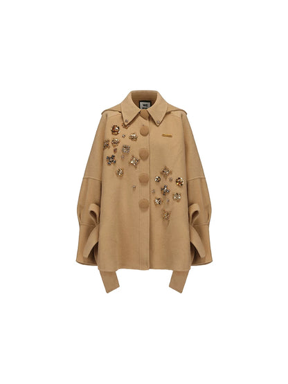 WEANCHEAM Wool Cape Coat | Cat-Ear Hood & Bow Details (Solid Camel/ Black Check)