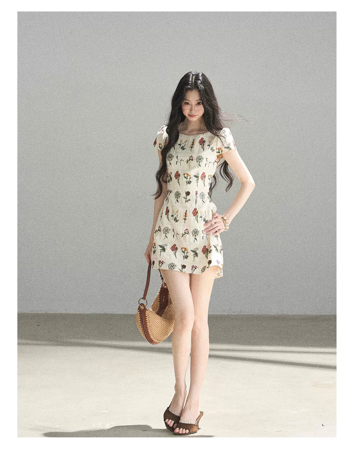 "Wildflower Daydream" Dutch Cream Embroidered Mini Dress - Short Sleeve 45684
