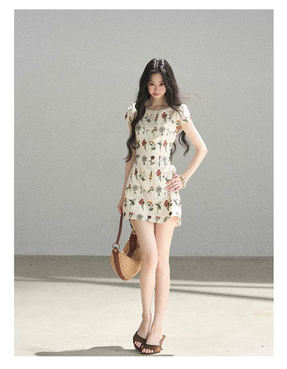 "Wildflower Daydream" Dutch Cream Embroidered Mini Dress - Short Sleeve 45684