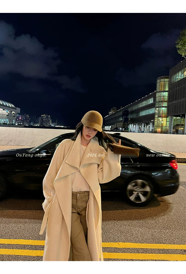 QuQuOuYang - 100% Wool Double-Face Belted Coat with Convertible Collar