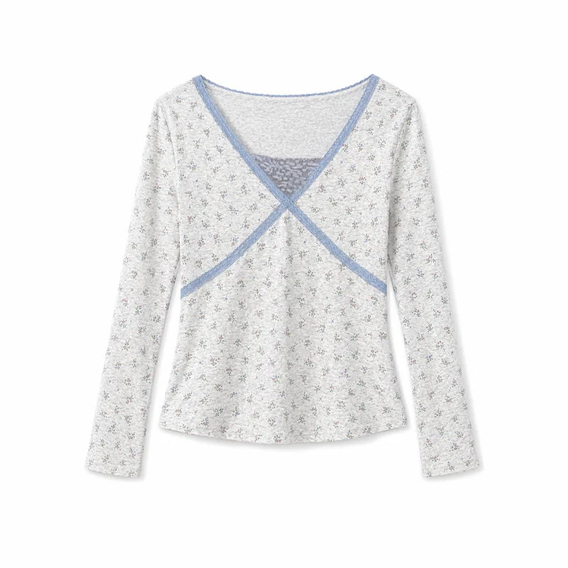 DAILY ARTIST - Light Gray Floral Lace Cross-Front Long-Sleeve Top