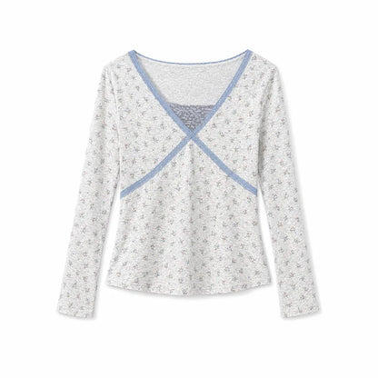 DAILY ARTIST - Light Gray Floral Lace Cross-Front Long-Sleeve Top
