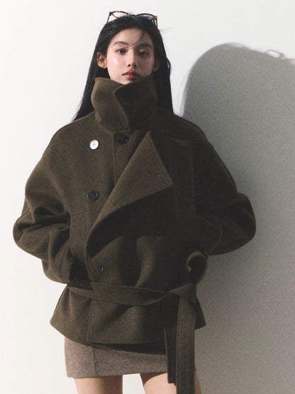 OAKMOO/ "The Flowers Are in Full Bloom" Jade Green Wool-Blend Short Belted Coat