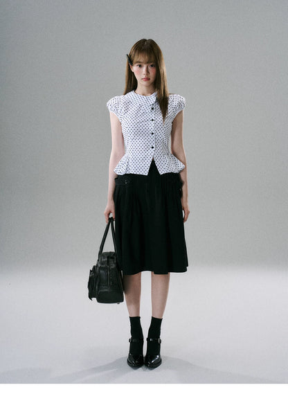 LOST FOREST - Pleated Cotton Utility Skirt (Red / Black)