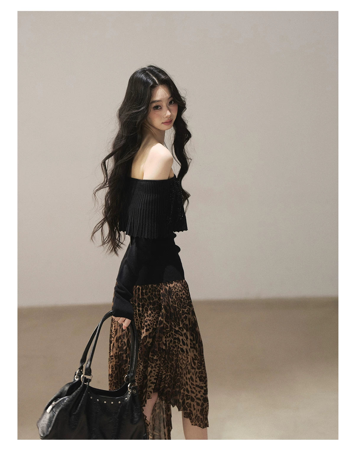 AOMALM - “Cocoa Leopard” Pleated Asymmetric Midi Skirt