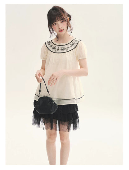 "Toasted Cookie" Yellow Flower Rope Embroidery Babydoll Top