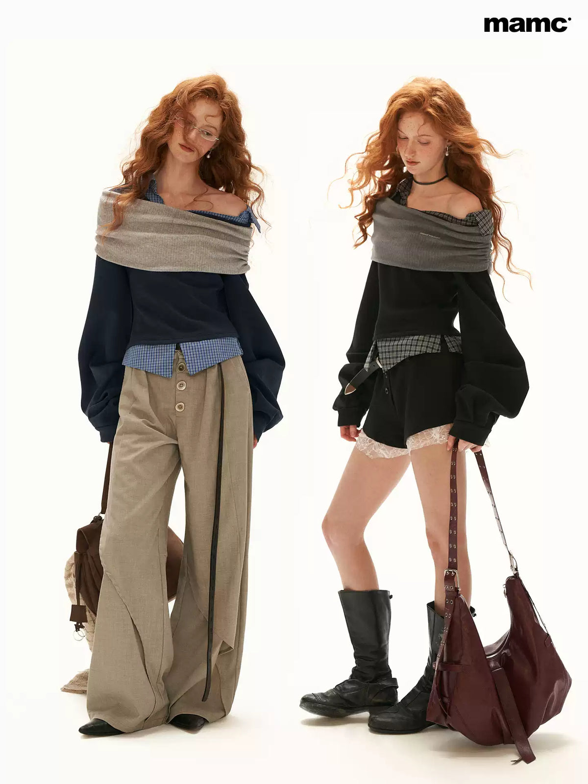 MAMC - Black Y2K Layered Plaid Off-Shoulder Sweatshirt