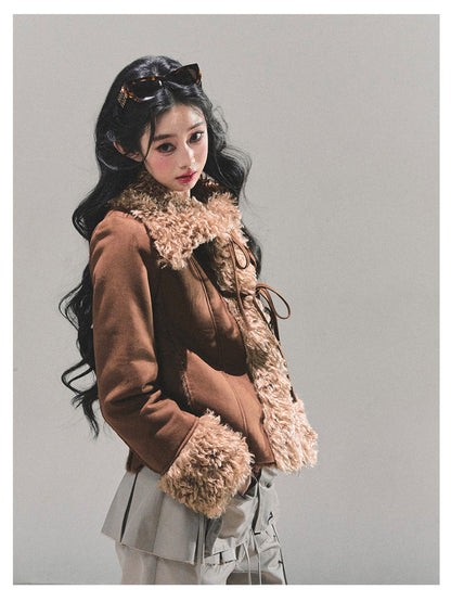 少也眼 “She Melted Into Winter" Faux Shearling Warm Jacket - Coffee Brown