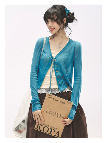 "Comfort Corner" Tie-Front Knit Cardigan (Melon Green/ Peacock Blue)