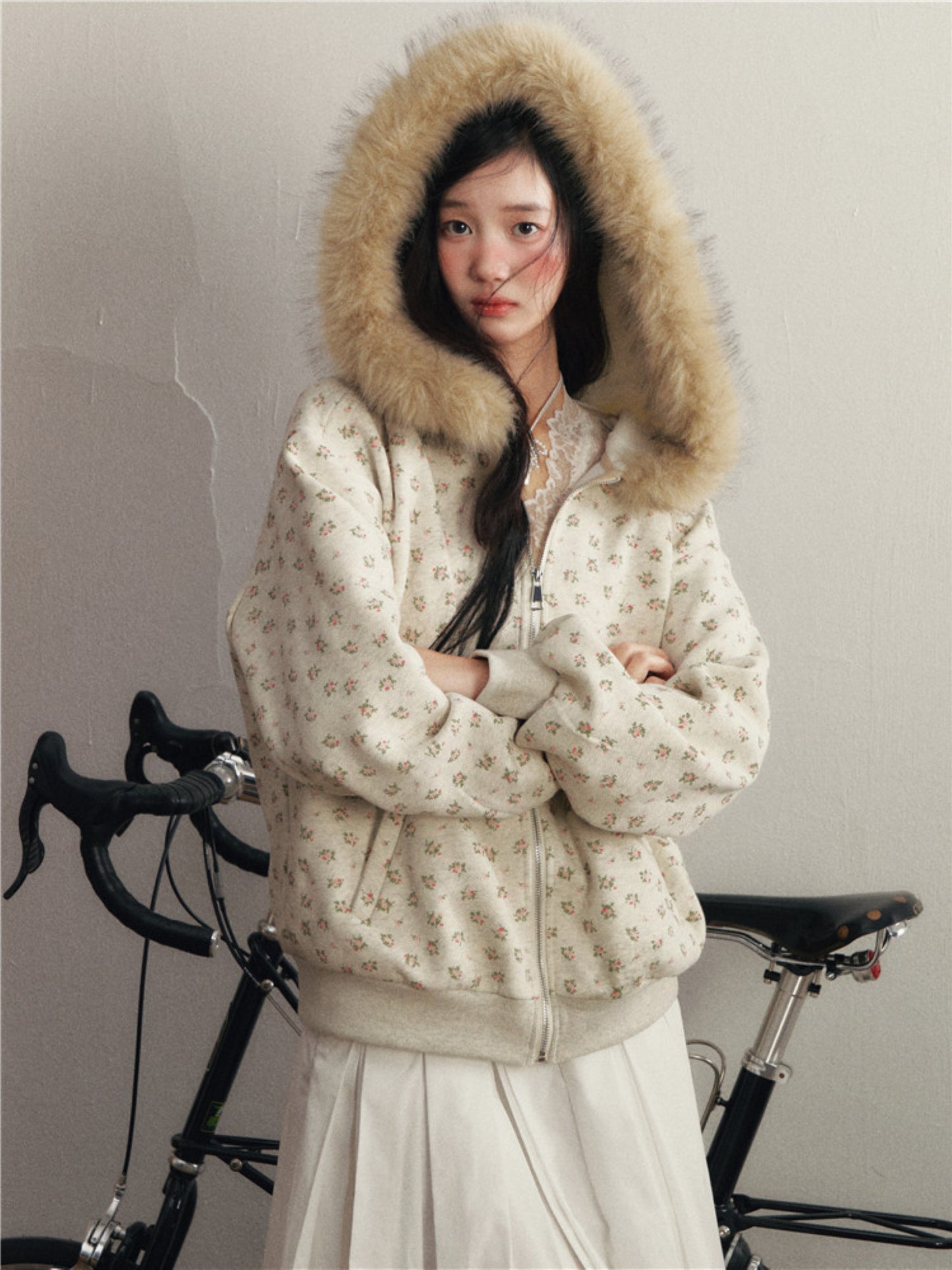 1P - Floral Faux Fur Hooded Fleece Jacket