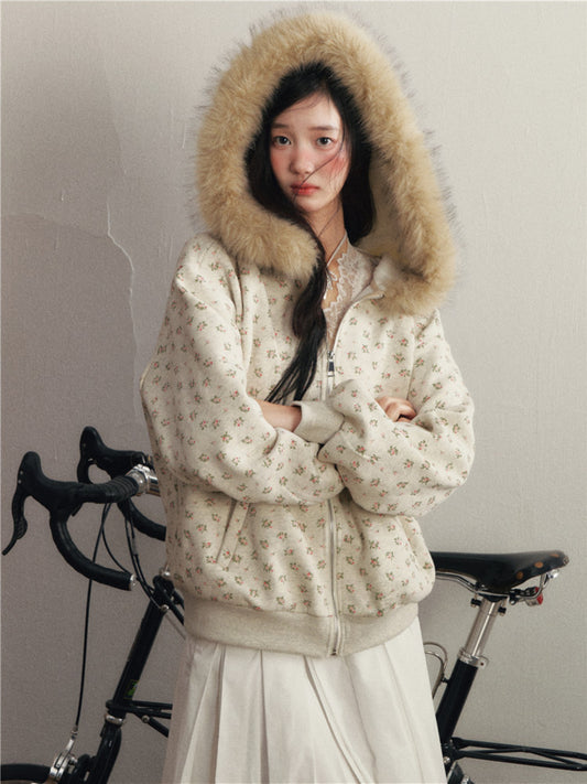 1P - Floral Faux Fur Hooded Fleece Jacket