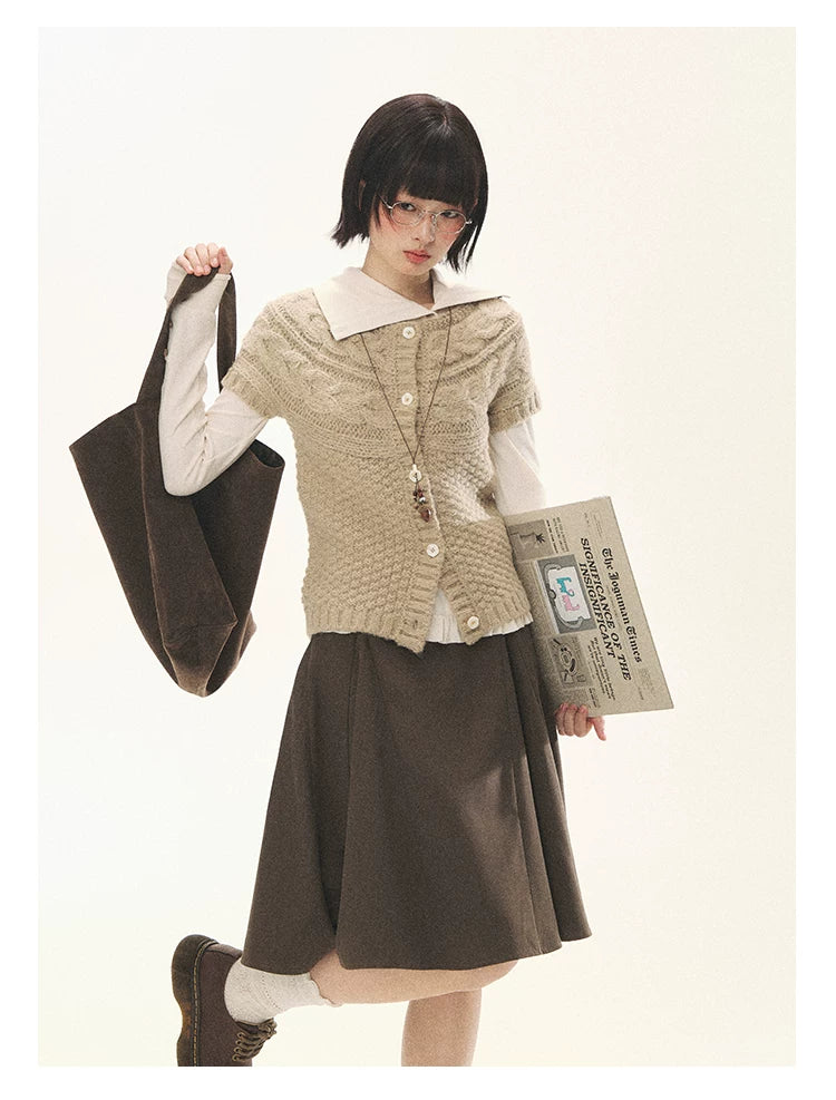 "Rice Knit" Wool-Blend Short Sleeve Knit Cardigan (Moss Coffee Green/ Dusk Dusty Pink)