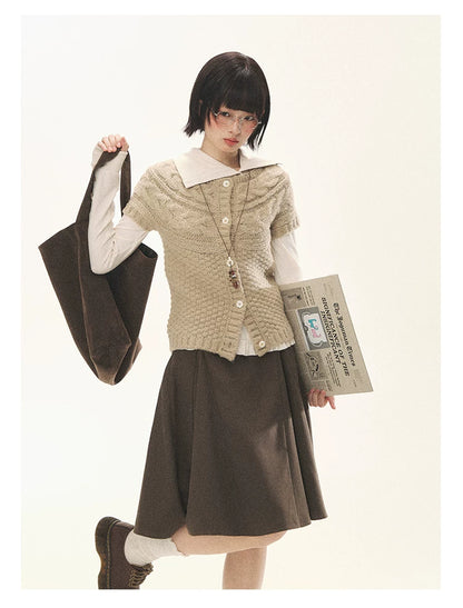 "Rice Knit" Wool-Blend Short Sleeve Knit Cardigan (Moss Coffee Green/ Dusk Dusty Pink)