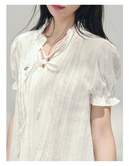 “Soft Pleats in Motion” Camellia White Bubble Mini Dress