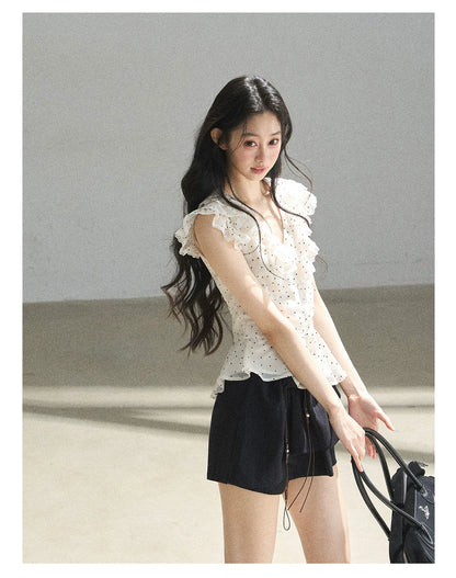 "Falling Into the Galaxy" Cream Ivory Polka Dot Chiffon Blouse