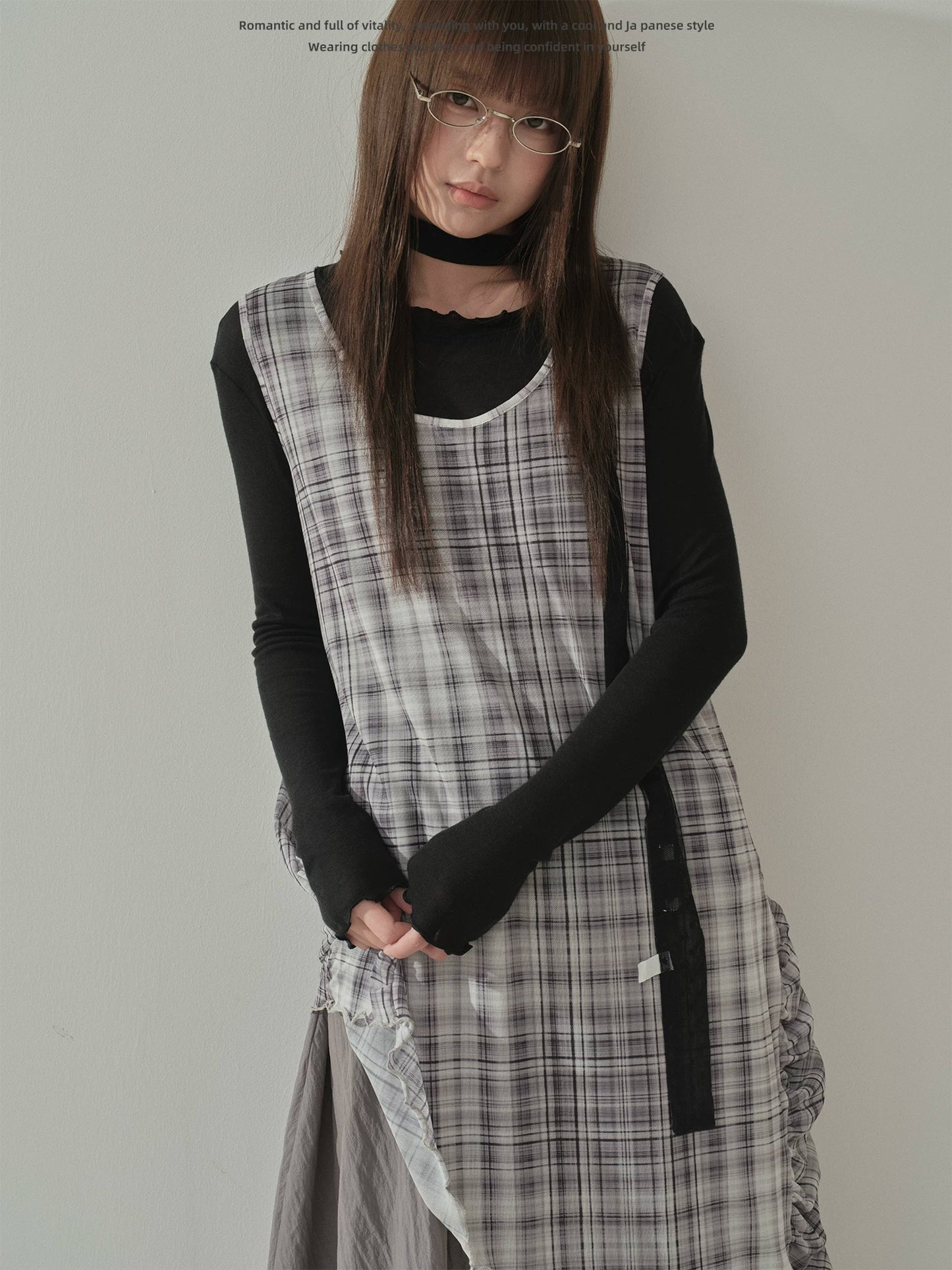 "Quiet Layers" Gray Plaid Mesh Layering Maxi Dress