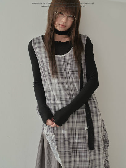 "Quiet Layers" Gray Plaid Mesh Layering Maxi Dress