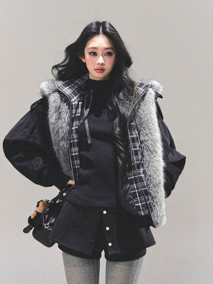 少也眼 "Endless Freedom" Detachable Faux Fur Layered Black Jacket