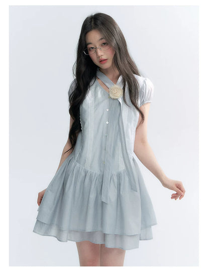 "Cedar Salt" Cool Moon Blue Lace Trim Puff Sleeve Dress