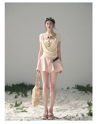 “Soft Veil Muse” Cream Apricot Layered Halter Lace Top