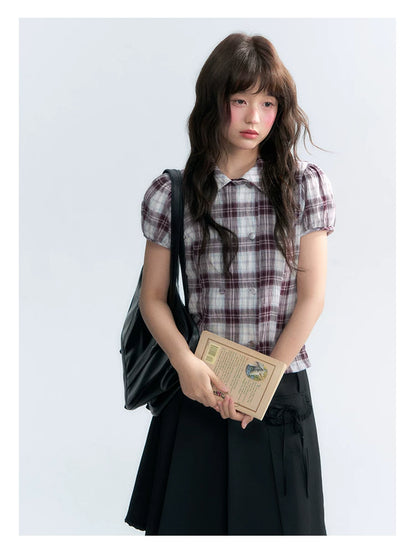 "Violet Mist Bow" Purple Brown Plaid Blouse