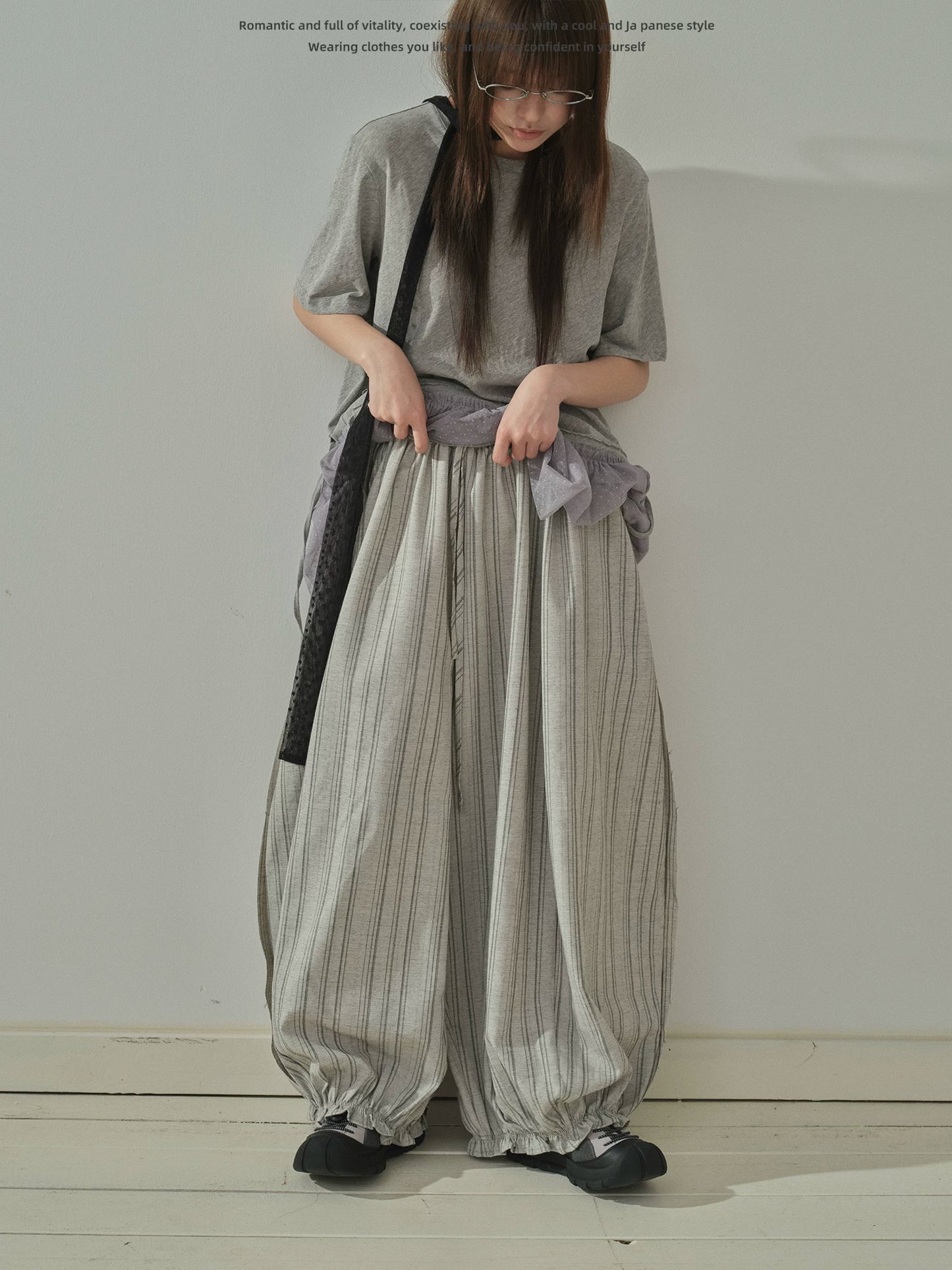 "Vintage Drift" Gray Striped Balloon Wide Leg Trousers