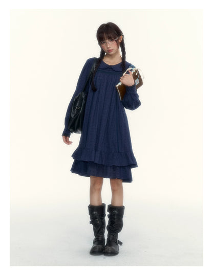 “Vintage Ribbon” Navy Peter Pan Collar Lace-Trimmed A-Line Dress