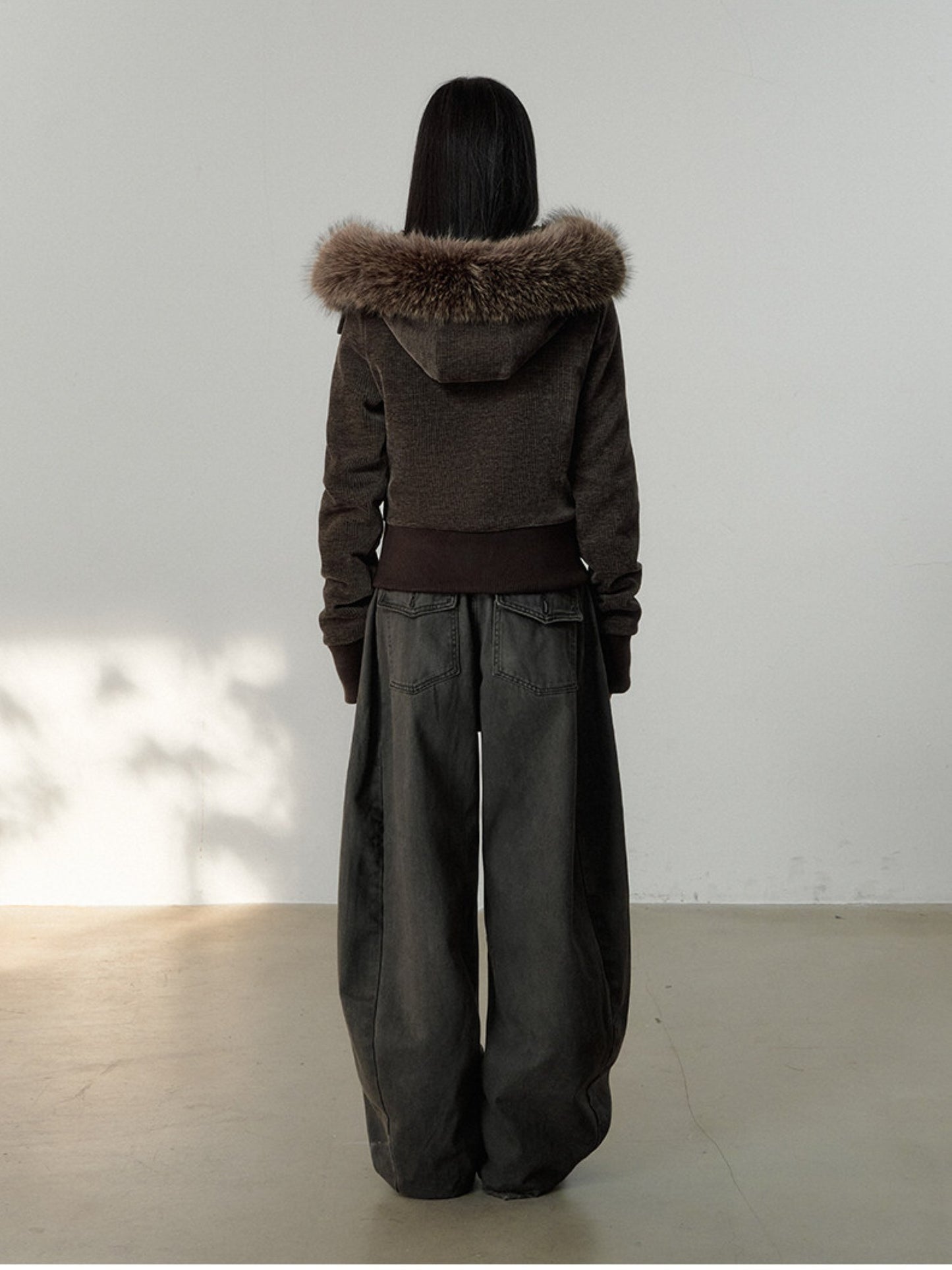 Soote Season - Deep Brown Chenille Faux-Fur Hooded Cropped Jacket