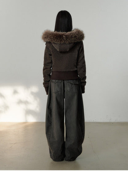 Soote Season - Deep Brown Chenille Faux-Fur Hooded Cropped Jacket