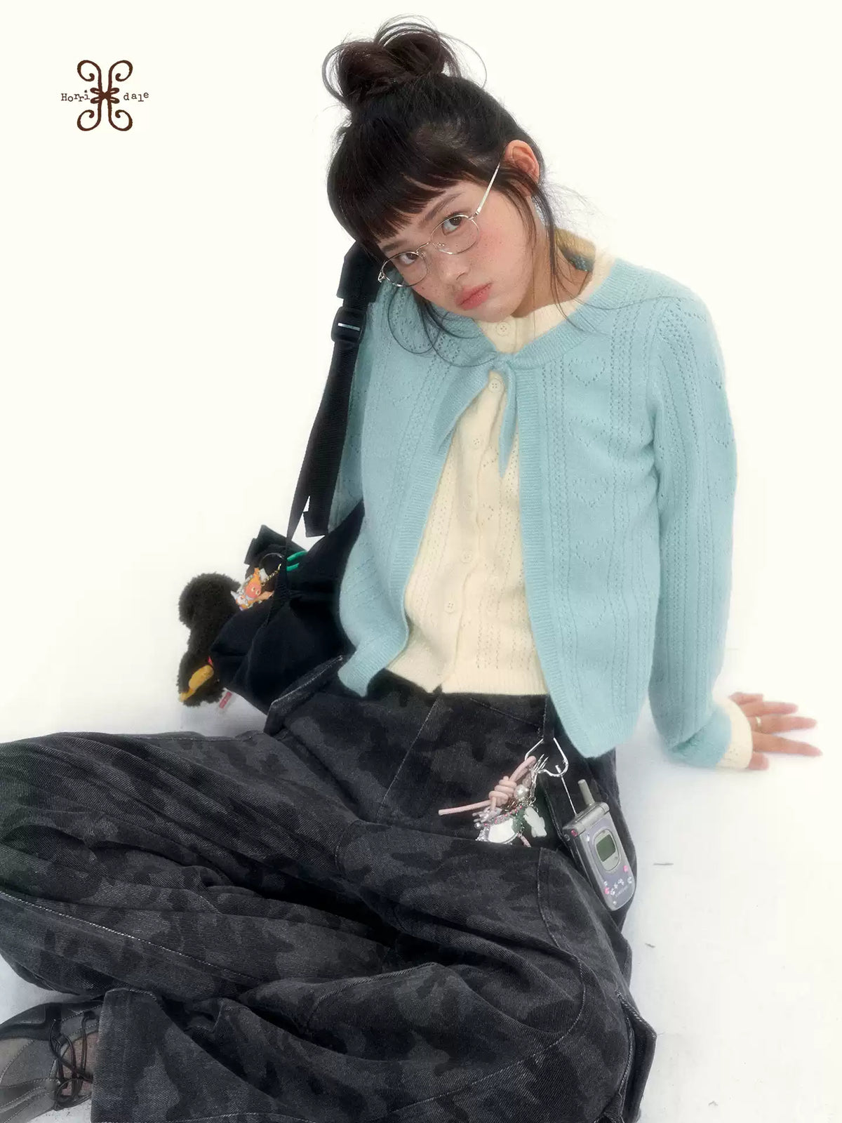 Korean Contrast Bow-Tie Layered Knit Cardigan (Blue / Purple)
