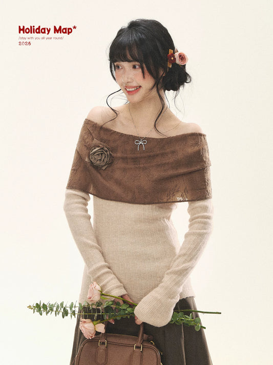 "Vintage Contrast" Brown Apricot Off-Shoulder Floral Knit Top