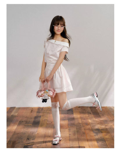“Cloud Ballet Reverie” Blush Pink Off-Shoulder Dress