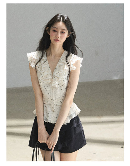 "Falling Into the Galaxy" Cream Ivory Polka Dot Chiffon Blouse