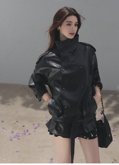 OAKMOO/ Belted Double-Breasted Trench Jacket (Deep Black / Hazel Khaki)