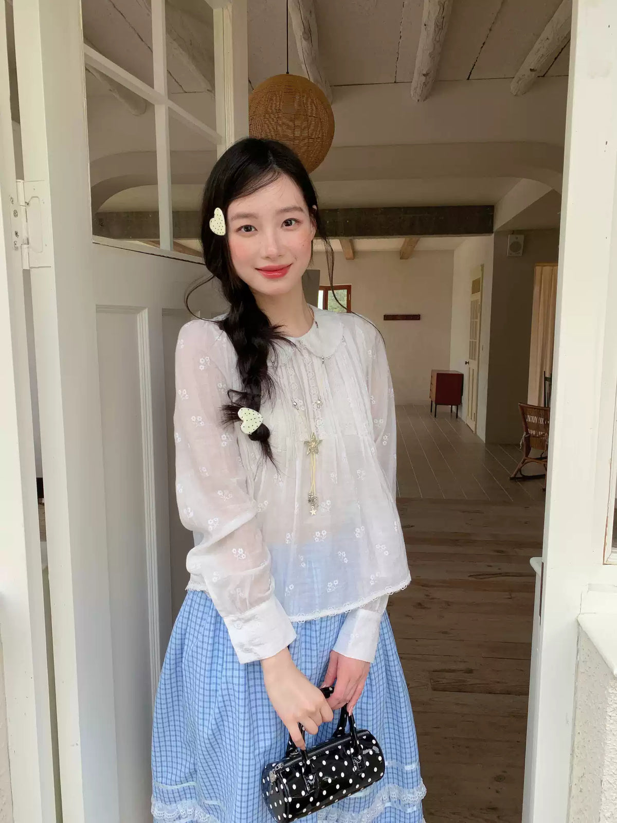 [RF] “Pure Lace” White Floral Jacquard Peter Pan Collar Puff-Sleeve Blouse