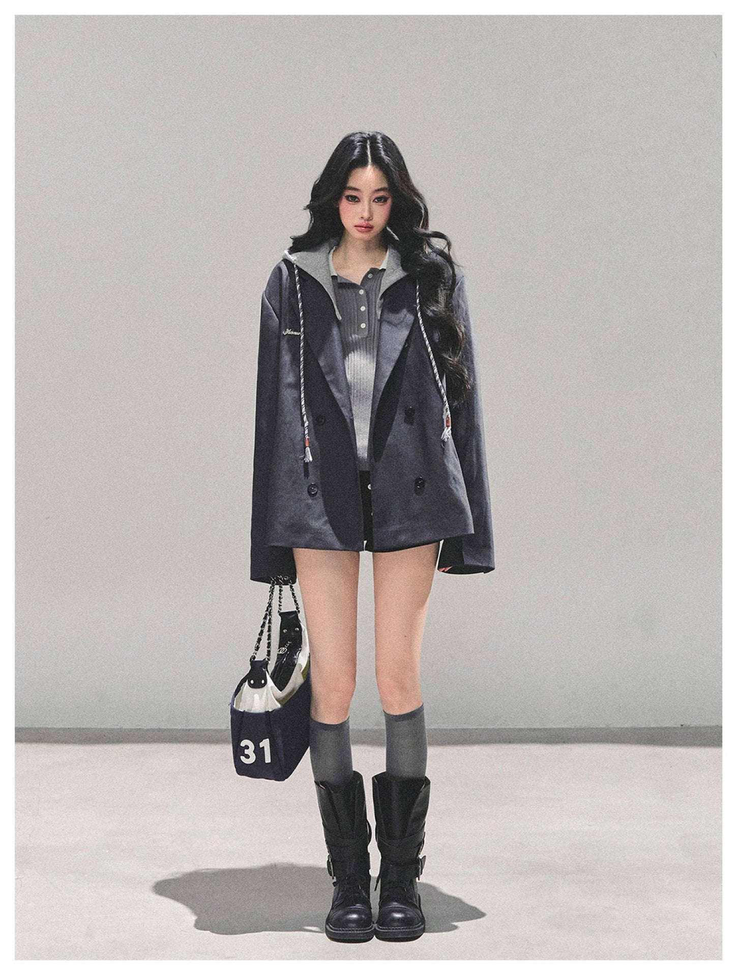 少也眼 "Minimal Silhouette" Hooded Blazer - Gray