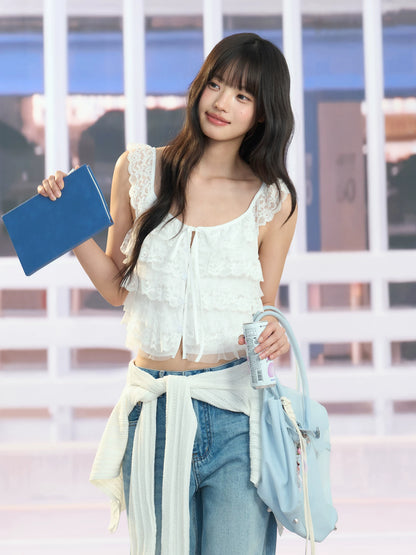 "Angel Arrival" White Lace Flutter Sleeve Cami Top