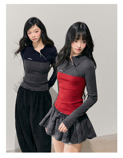 少也眼 “Undercurrents of Time” Slim-Fit Long-Sleeve Polo Knit Top