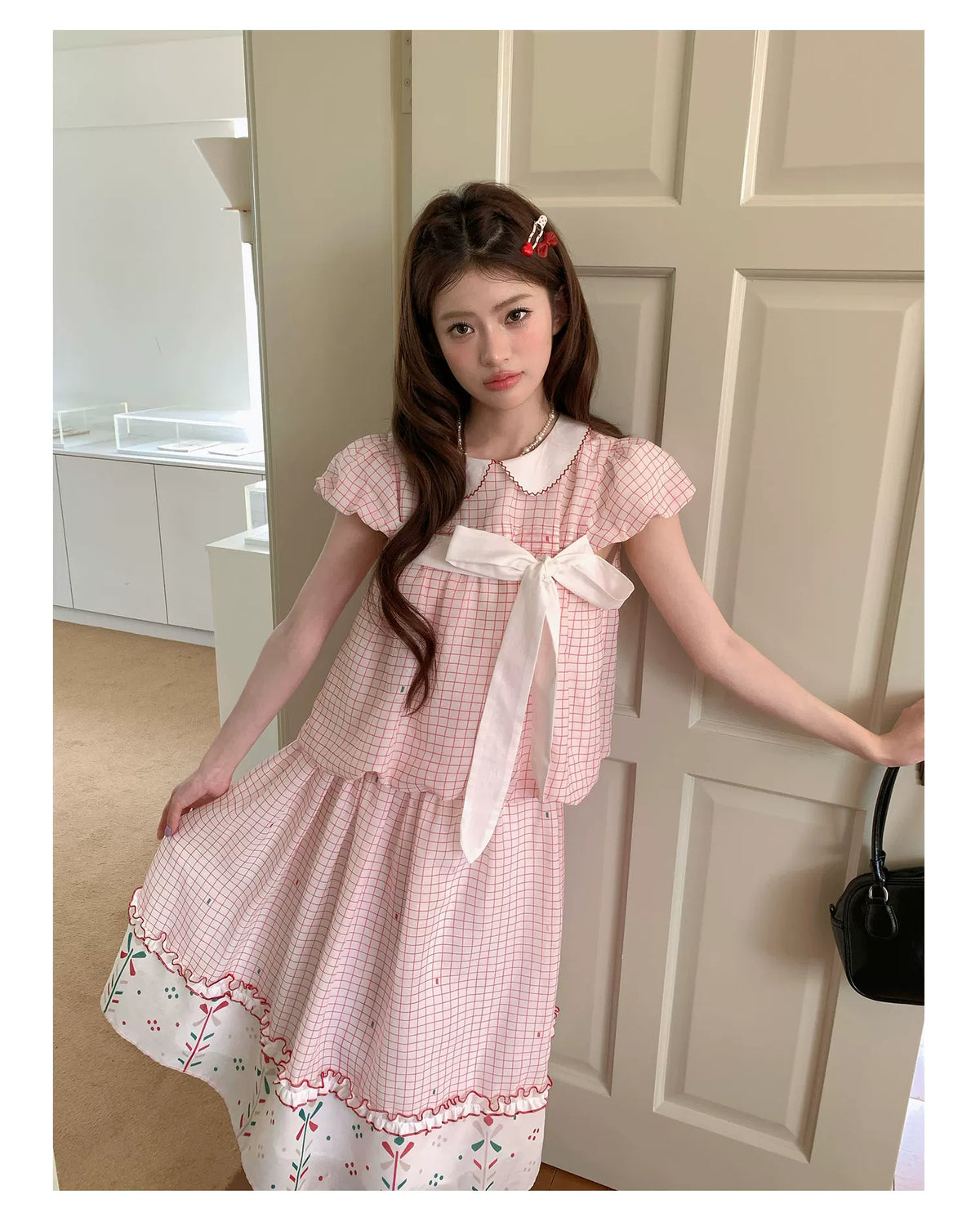 [RF] “Pink Camellia” Cherry Red Plaid Bow Two-Piece Set