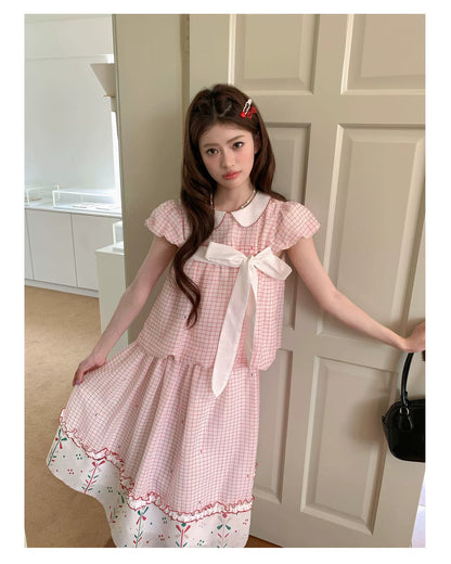 [RF] “Pink Camellia” Cherry Red Plaid Bow Two-Piece Set