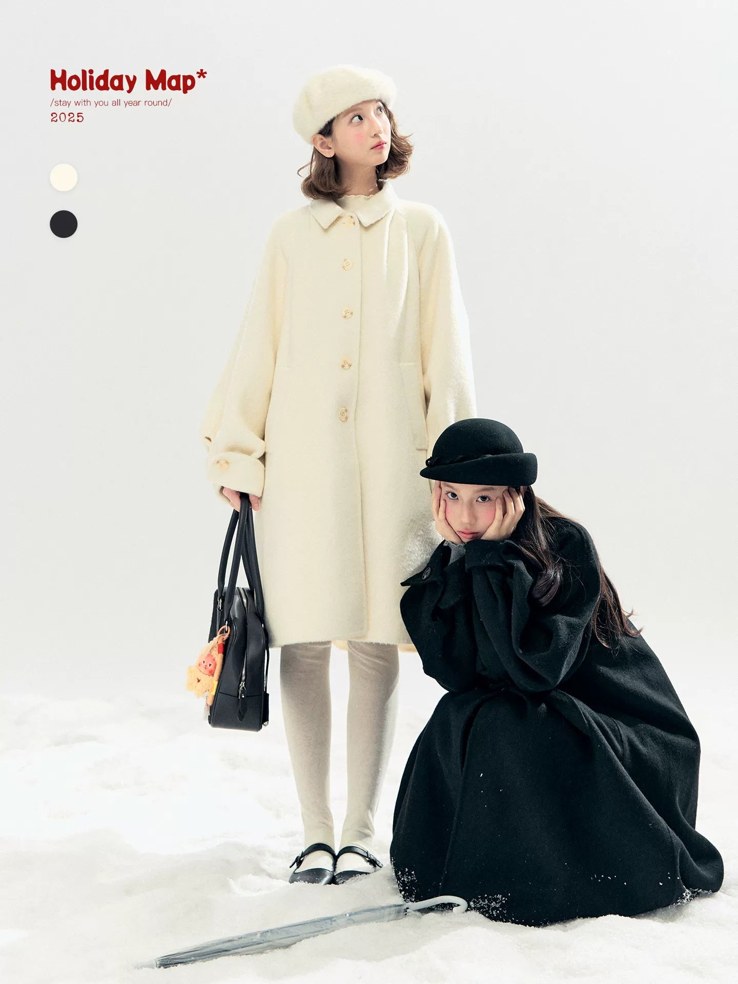 "Black & White Waltz" Hand-Stitched Wool-Blend Swing Coat (Ivory/ Black)