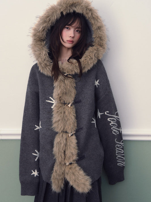 Soote Season - Hooded Star Jacquard Knit Cardigan with Faux Fur Collar - Smoky Gray
