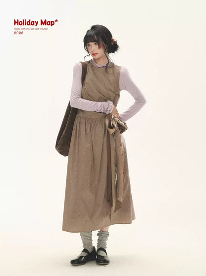 "Cream Cocoa" Cream Cocoa Ruched Bow Pinafore Maxi Dress
