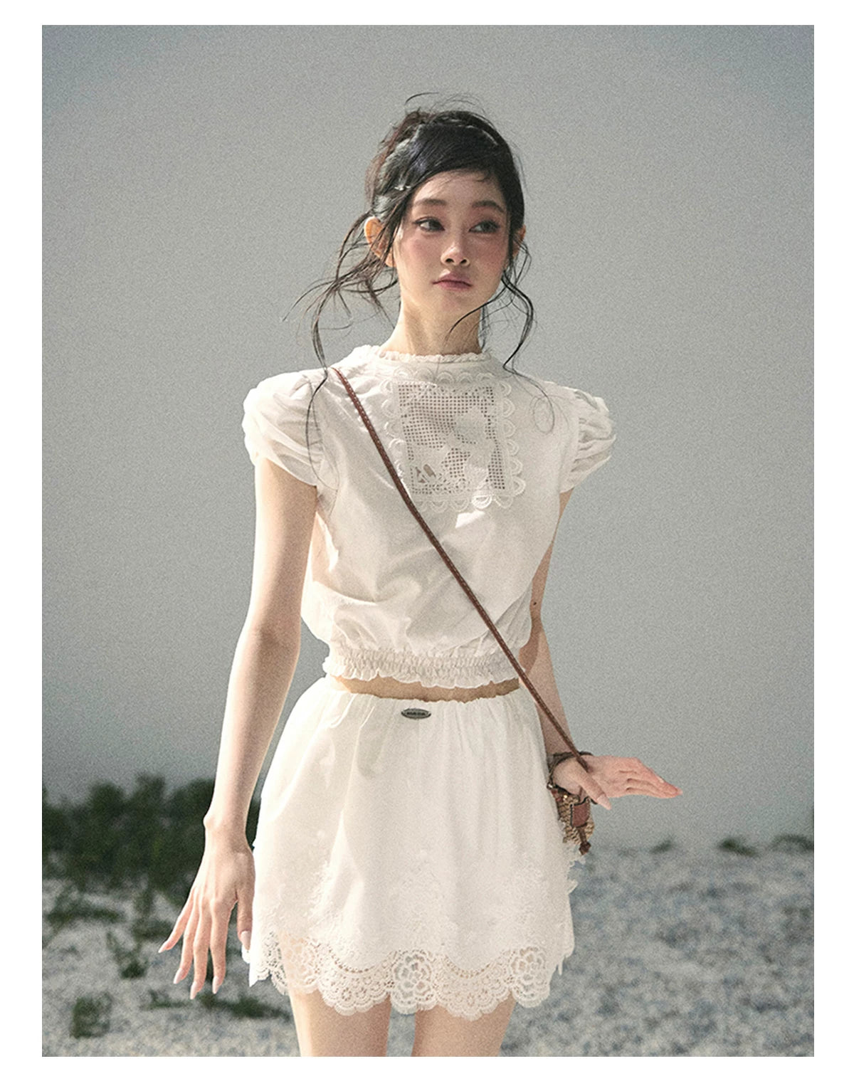 "Rose Petals in Secret" Cloud White Lace Two-Piece Skirt Set 142453