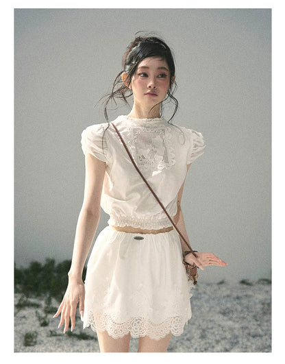 "Rose Petals in Secret" Cloud White Lace Two-Piece Skirt Set 142453