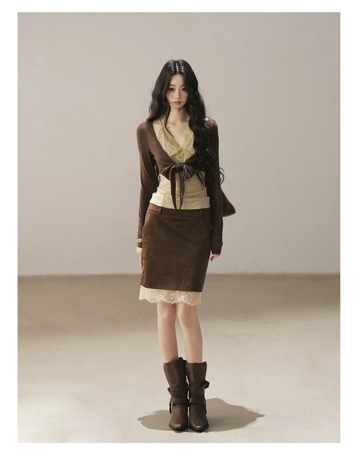 AOMALM - "Tender in This Moment" Rich Cocoa Faux Two-Piece Lace Top