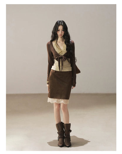 AOMALM - "Tender in This Moment" Rich Cocoa Faux Two-Piece Lace Top
