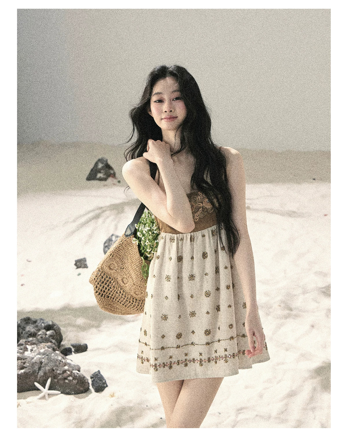 "Whispers Through the Wheat Fields" Oat Beige Floral Cami Babydoll Mini Dress